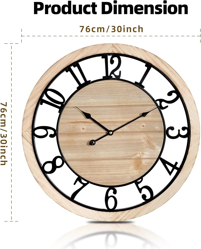 Maxstar 30'' Wall Clock for Living Room Decor, Silent Rustic Wooden Farmhouse Wall Clock with Metal & Real Wood Frame, Battery Operated, for Kitchen Bedroom Office, Arabic Numerals