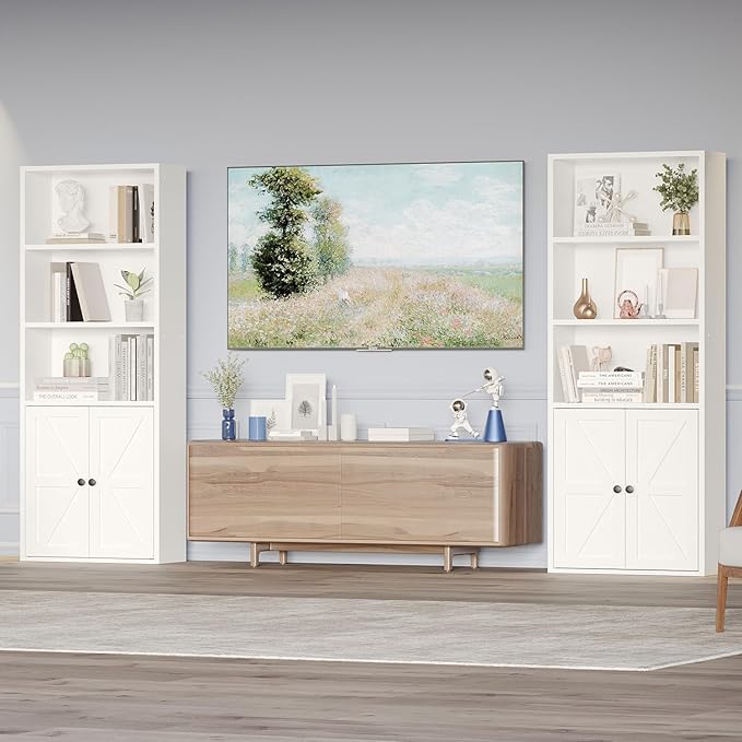 5 Tier Bookshelves and Bookcase with Doors Industrial Set of 2 Double Wide Floor Standing Book Shelf 59" Tall Display Shelves Bookshelf with Storage Cabinets for Living Room, White