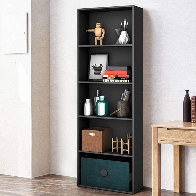 Tangkula 5-Tier Bookcase, 67” Tall Freestanding Bookshelf with 5 Open Shelves, Anti-Toppling Kits, Floor Display Storage Organizer for Living Room, Study, Kitchen, Home & Office (Black, 67" H)