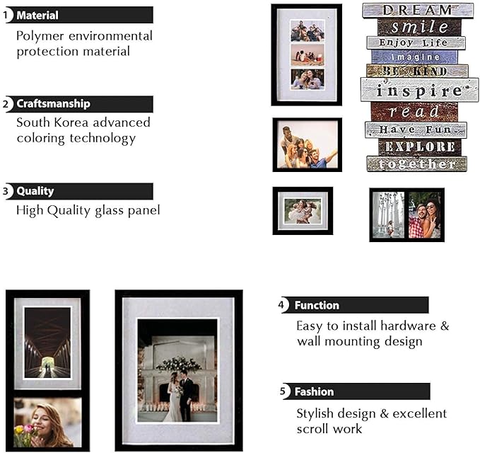 J.M.Deco 8 Pack Picture Frames for Wall Decor, Photo Frames Set with Glass Cover, Multi Picture Frames Decoration for Home Living Room, Bedroom, DIY Wall Dispaly, Black
