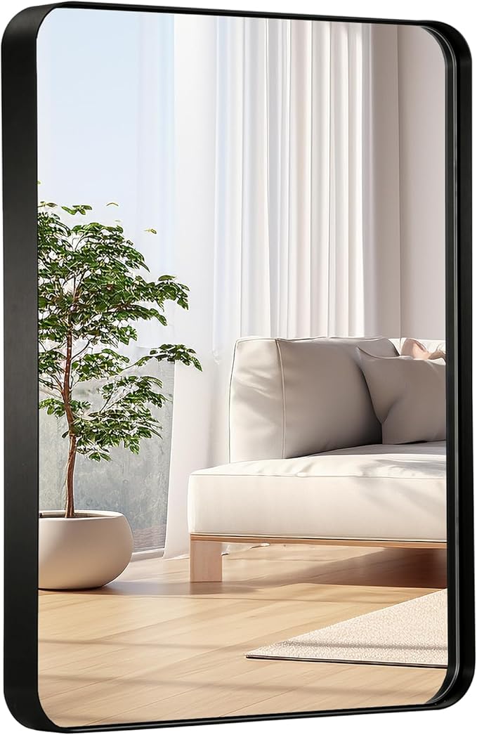 22x30 Inch Black Bathroom Mirror, Brushed Metal Framed Rectangle Mirror with Rounded Corner, Black Bathroom Vanity Mirror for Bedroom or Living Room, Horizontal/Vertical