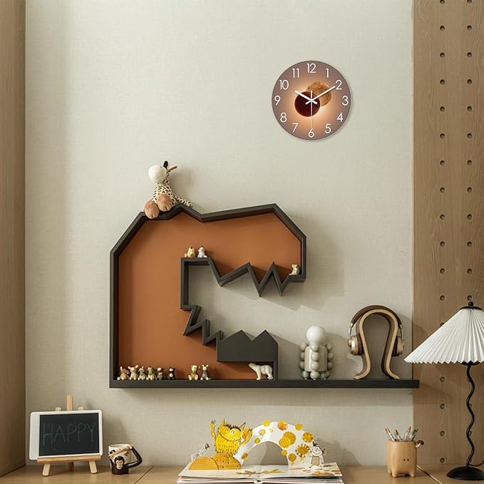 XNM Small Brown Wall Clocks Battery Operated 12 Inch Glass Round Wall Clock for Bedroom Silent Clock for Wall
