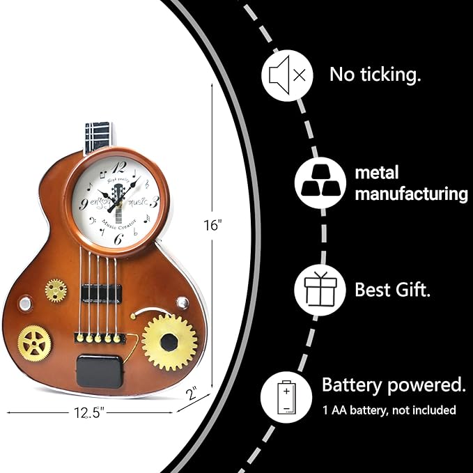 Guitar Wall Clock – Retro Brown Metal Guitar-Shaped Clock with Gears, Silent Non-Ticking, Music Room Decor for Musicians, Music Lovers, Men, Teens, 16"
