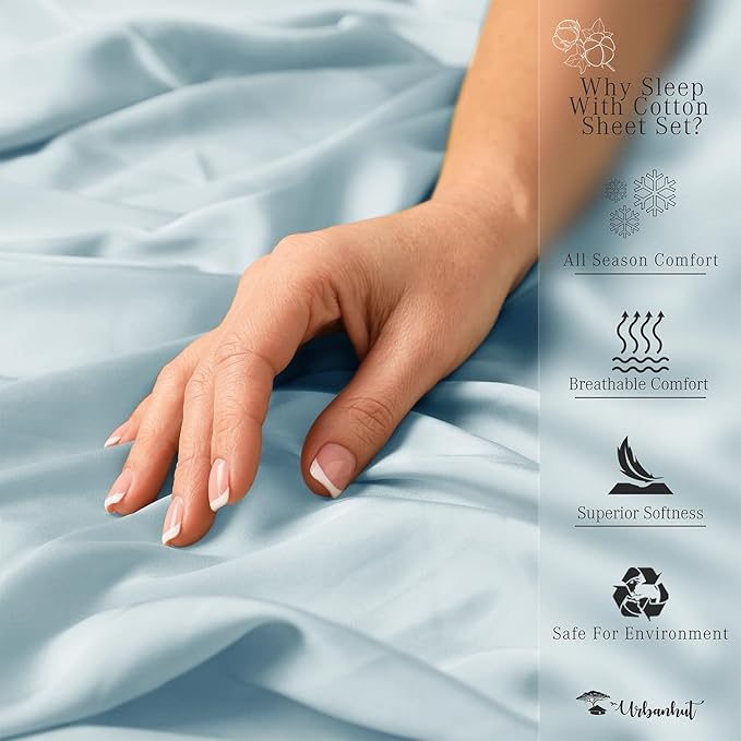 URBANHUT 700 Thread Count Full Size Egyptian Cotton Sheets, 4Pc Sheet Set Soft Luxury Bed Sheets for Full Size Bed, Sateen Weave Hotel Sheets, 14'' Elasticized Deep Pocket - Light Blue