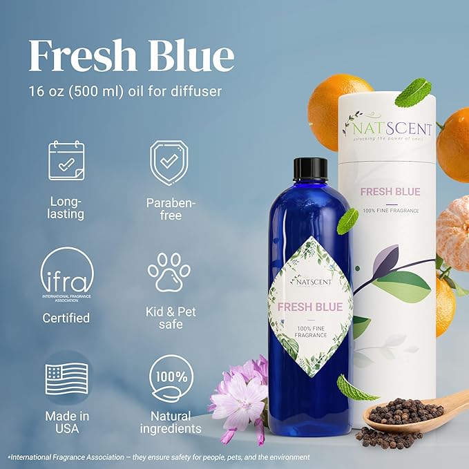 Fresh Blue Essential Oils for Diffusers for Home, Nature-derived Fresh Linen Essential Oil, Long-Lasting & Family-Friendly Diffuser Oils Scents, IFRA Certified, Cold Air & Ultrasonic - 16 oz