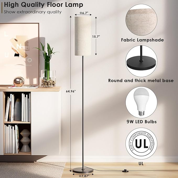 Floor Lamp for Living Room, Modern Standing lamp with Remote Control, Stepless Dimmable 9W Bulb & Beige Lampshade Included, Black Pole Tall Floor Lamp for Bedroom Office