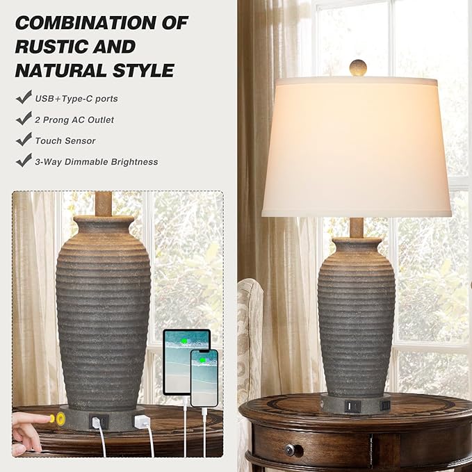 25" Farmhouse Jar Table Lamps, 3 Way Touch Control Rustic Bedside Lamps with USB A+C Ports & AC Outlet, Pot Nightstand Lamps for Bedroom Living Room (LED Bulbs Included)