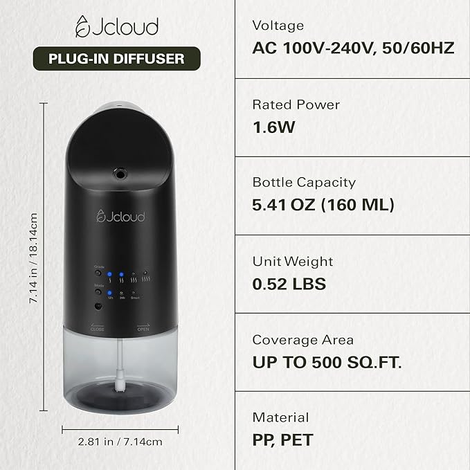JCLOUD 2025 Plug in Diffuser | Cover Up to 500 Sq. Ft. for Home, Office, Spa – Portable Smart Wall Diffuser 160ML, Black with Royal Serenity Essential Oil Inspired by Ritz-Carlton Hotel - 140mL