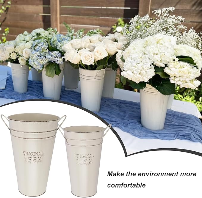 6 Packs 12 Inch & 10 Inch Galvanized Metal Flower Vases with Handles, Rustic French Metal Flower Buckets for Cut Flowers, Country Wedding, Table Centerpiece Decorations(Milky White)