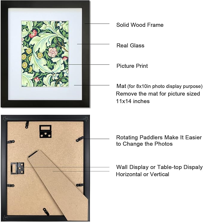 11x14 Picture Frame Set of 4 Made of Solid Wood Photo Frames with Real Glass for Pictures 8x10 with Mat or 11x14 Without Mat, Wall Mounting or Tabletop display Photo Frames in Black