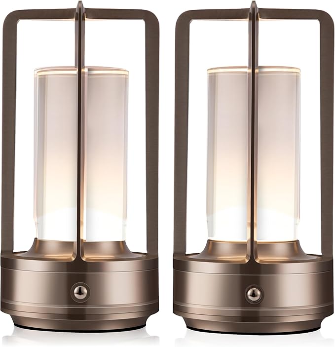 Portable Metal Table Lamp, Cordless Table Lamp, Rechargeable Battery Powered Portable LED Desk Lamp, 3 Color Stepless Dimming Touch, for Bedroom Restaurant Home Outdoor (2 Set of Silver)