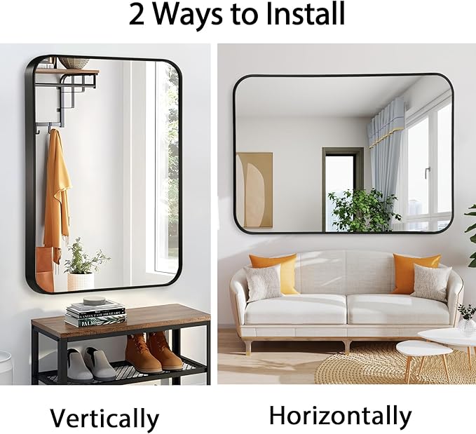 20x28 Inch Black Wall Mirror for Bathroom, Brushed Metal Framed Mirror with Rounded Corner, Rectangle Bathroom Vanity Mirror for Bedroom or Living Room, Horizontal/Vertical