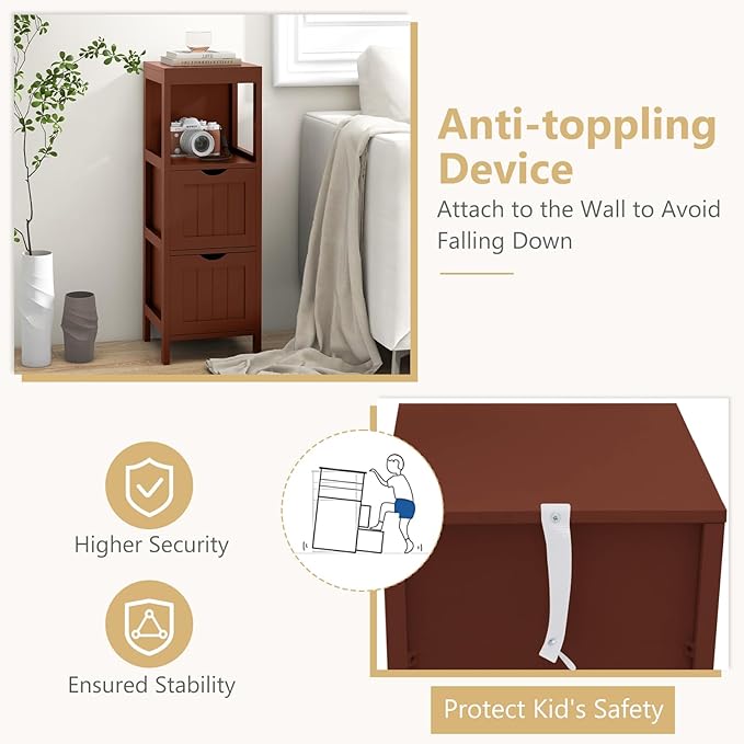Tangkula Small Bathroom Storage Cabinet with 2 Removable Drawers, Wood Freestanding Floor Cabinet for Bathroom, Anti-Tipping Device, Side Corner Cabinet for Small Spaces (Brown)