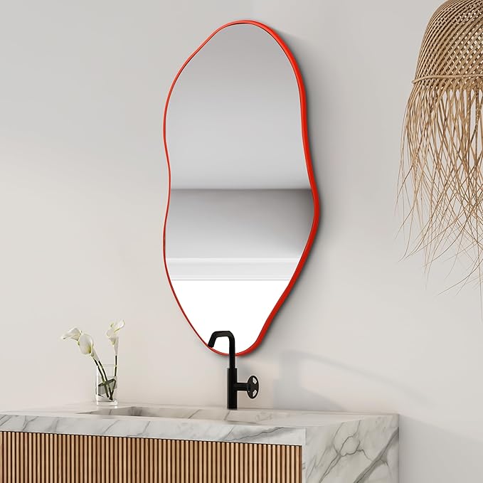 JONATHAN Y MIR200B Everly 20 in. W x 42 in. H Large Irregular Framed Decorative Wall Mirror, for Bathroom, Living Room, Bedroom, Red