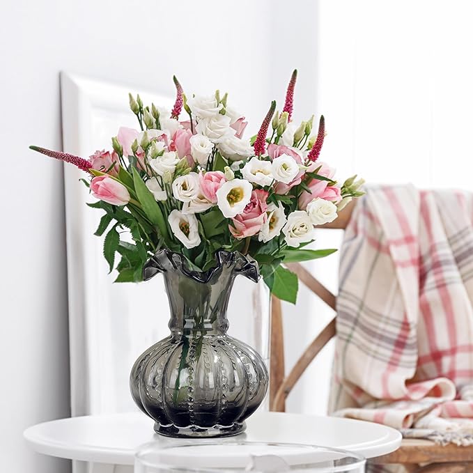 Joeyan Handmade Grey Glass Flower Vase,7.9" Vintage Decorative Urn Vase for Centrepieces Bouquet Wedding,Colored Thickened Pedestal Decorations for Rustic Home Living Room Office Farmhouse