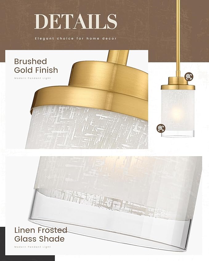TENGXIN Modern Pendant Light for Kitchen Island, Brushed Gold Hanging Ceiling Light Fixture,Farmhouse Pendant Lighting for Dining Room Bedroom Bar Office 2Pack,TXPLBG01-2PK