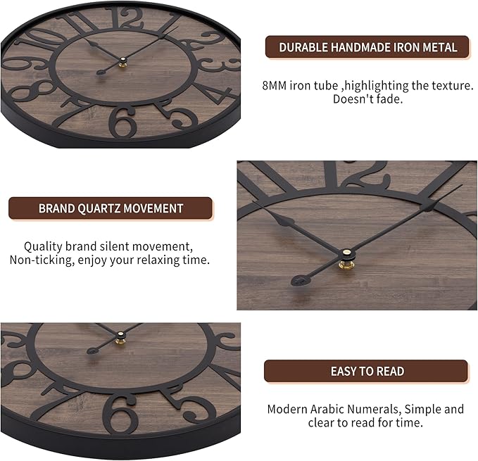 LEIKE Large Wall Clock,Non Ticking Silent,Battery Operated Big Round Modern Wood Wall Clocks for Living Room, Bedroom,Dinning Room,Farmhouse,Office, Retro Home Decor-20 Inch/50CM-Black-Arabic Number
