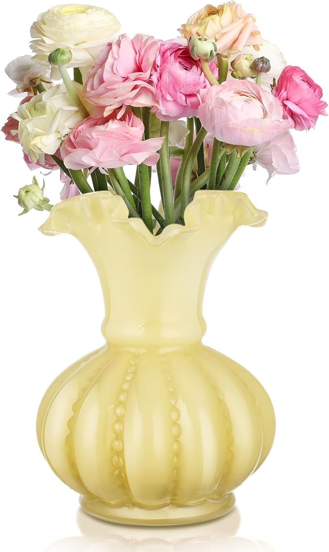 Joeyan Handmade Yellow Glass Flower Vase,7.9" Vintage Decorative Urn Vase for Centrepieces Bouquet Wedding,Colored Thickened Pedestal Vase Decorations for Rustic Home Living Room Office Farmhouse