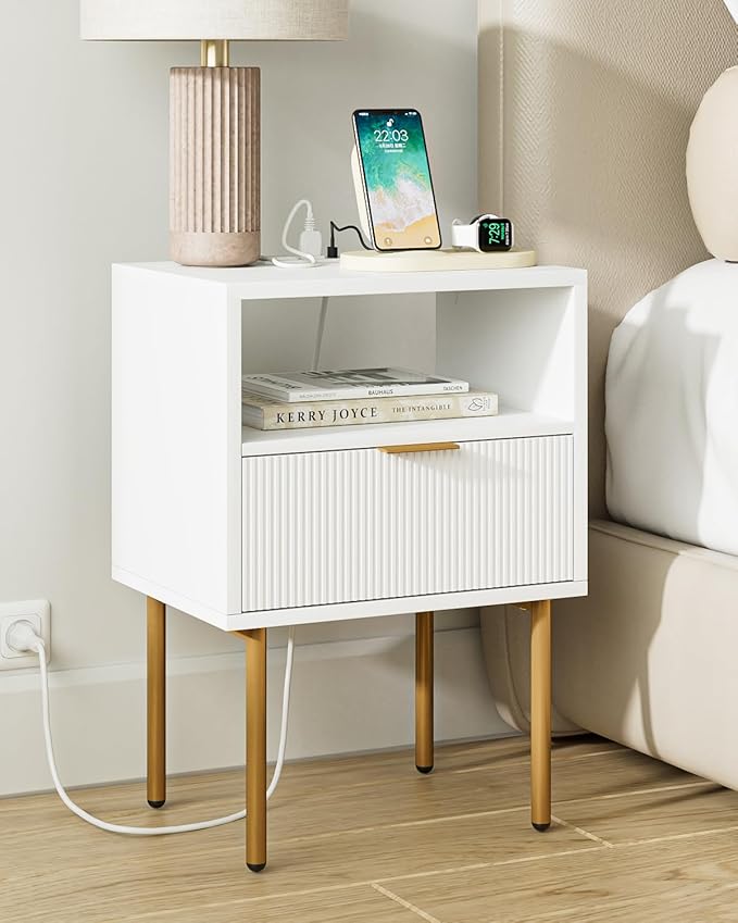 Nightstand with Charging Station,Morden Bedside Table with Gold Frame,Small White Night Stand,End Table,Bedside Furniture,Side Table with Drawer and Shelf for Bedroom,Living Room