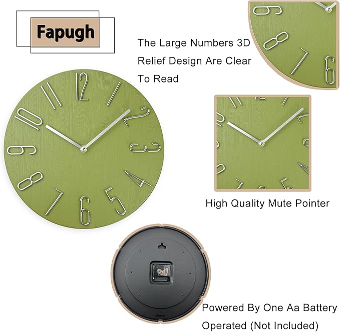 12 Inch Wall Clock Silent Non Ticking, Preciser Modern Style Decor Clock for Home, Office, School, Kitchen, Bedroom, Living Room（Yellow Green）