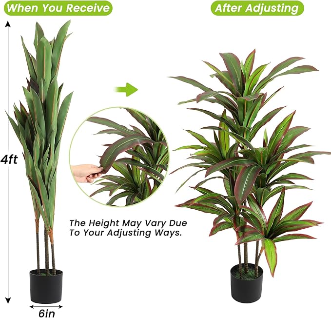 VIAGDO Dracaena Silk Plant Artificial 4ft Faux House Plants with Red Leaf Margin Fake Yucca Palm Trees in Pot Realistic Dragon Tree for Living Room Home Office Decor Indoor Outdoor