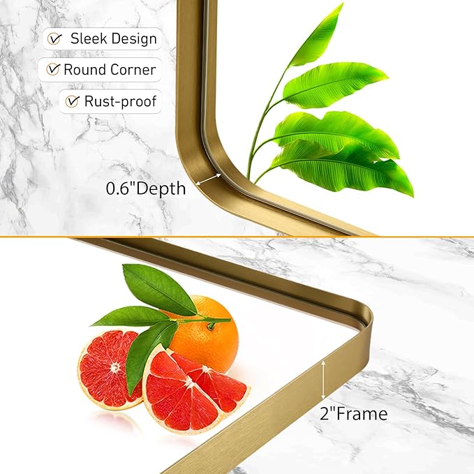 22x30 Inch Gold Bathroom Mirror, Brushed Metal Framed Rectangle Mirror with Rounded Corner, Gold Bathroom Vanity Mirror for Bedroom or Living Room, Horizontal/Vertical