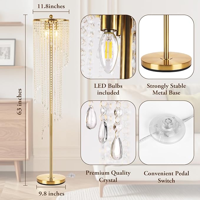 QiMH Crystal Gold Floor Lamps for Living Room, 63" Elegant Tall Standing Lamp with Double-Layer Crystal Shade, Mid Century Modern Floor Lamp for Bedroom, Office, Reading (2700K LED Bulbs Included)