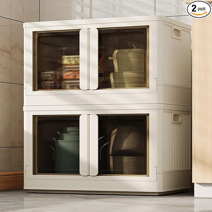 FLEXIMOUNTS 152 QT Stackable Storage Bins With Lids, Collapsible Plastic Storage Bins, Closet Organizers and Containers with Doors and Built-in Wheels For Home, 2 Pack Cubes, Milky White