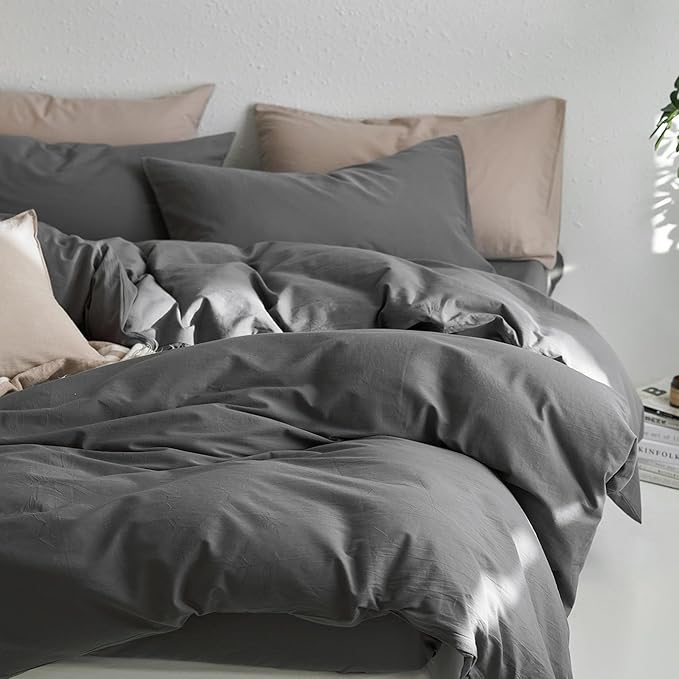 MooMee Queen Duvet Cover Set, 100% Washed Cotton Linen Like Twill Thick Sturdy Material Super Soft Breathable Durable Bedding for All Season, 3 Pieces (Dark Gray, Queen 90"x90")