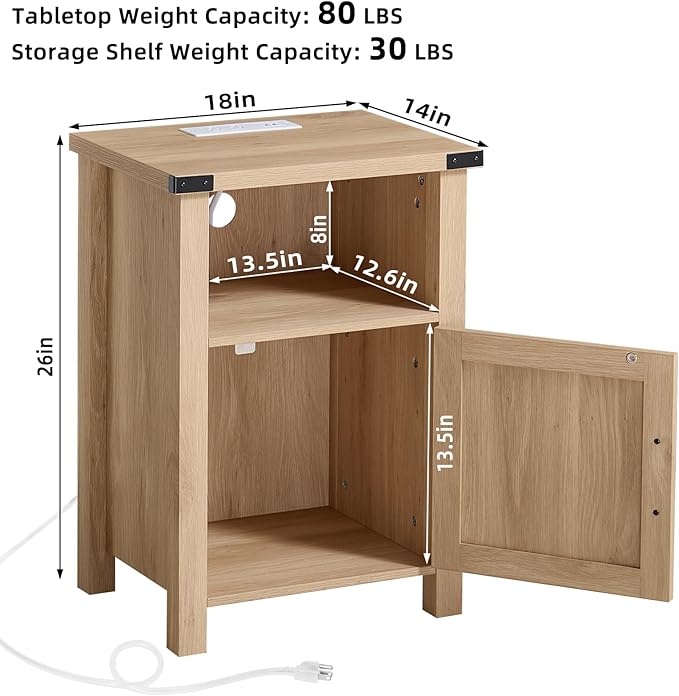 Boho Fluted Nightstand for Bedroom, 18" Rustic Night Stand with Charging Station & USB Port, Modern Accent Bedside Tables with Open Storage Shelf & Door, Wood End Table for Home, Natural Oak