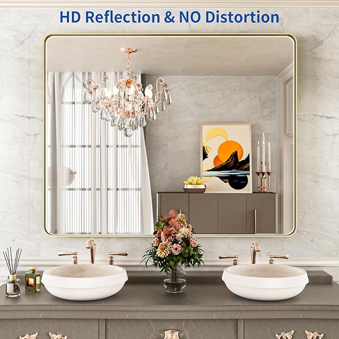 WEER Gold Bathroom Mirror, 40X32 Inch Brushed Gold Metal Frame Mirror, Rounded Rectangle Gold Bathroom Vanity Mirror for Wall, Tempered Glass, Anti-Rust, Hangs Horizontally or Vertically