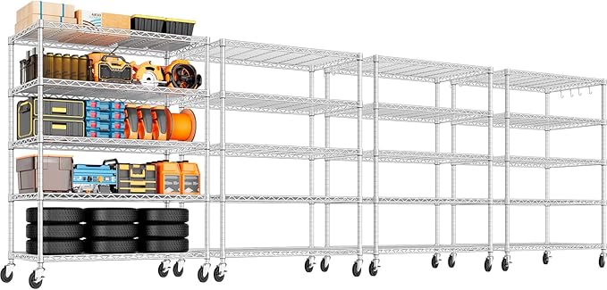 PrimeZone 4 Pack 48" W Wire Shelving Heavy Duty with Wheels,5 Tier Adjustable Garage Storage Shelves Unit,Rolling Metal Organizer Shelf Utility Rack Warehouse,Pantry,Chrome 48" Wx24 Dx81 H