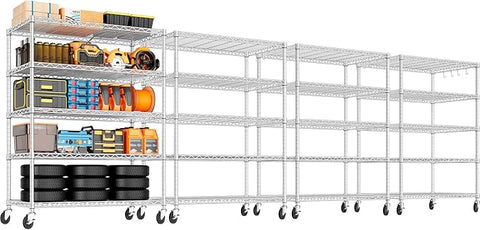 PrimeZone 4 Pack 48" W Wire Shelving Heavy Duty with Wheels,5 Tier Adjustable Garage Storage Shelves Unit,Rolling Metal Organizer Shelf Utility Rack Warehouse,Pantry,Chrome 48" Wx24 Dx81 H