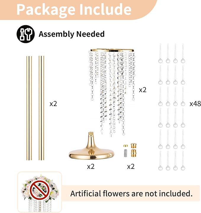 NUPTIO Wedding Centerpieces Gold Vases: 2 Pcs 21.7in Tall Crystal Flower Vase Metal Flowers Stand for Party Tables Decorations - Elegant Bulk Weddings Decoration Table Chandelier Centerpiece Stands