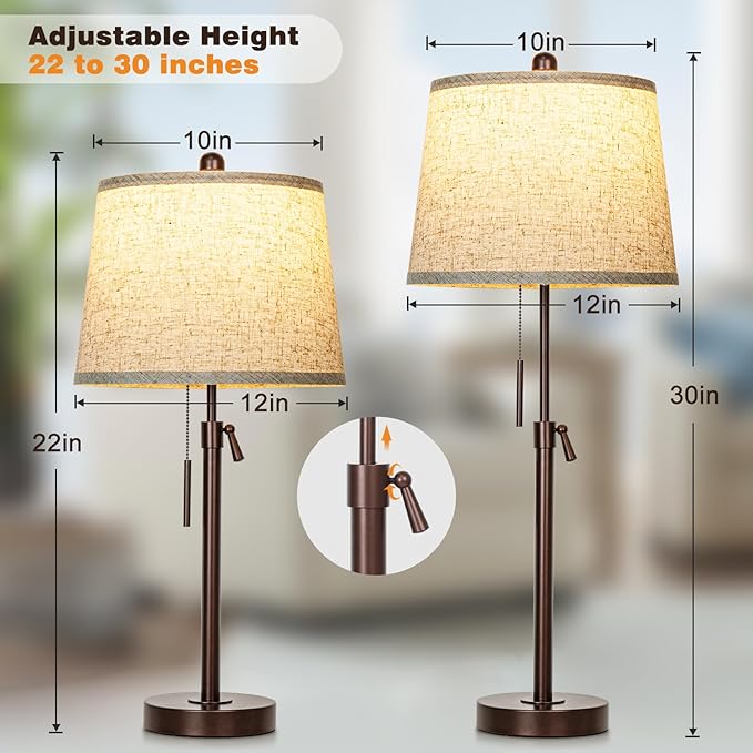Table Lamps Set of 2, 22" to 30"Adjustable Height Bedside Lamps for Living Room 3 Color Temperatures Tall Nightstand Lamps Modern Brown Table Lamp for Bedroom Office End Table (Bulbs Included)