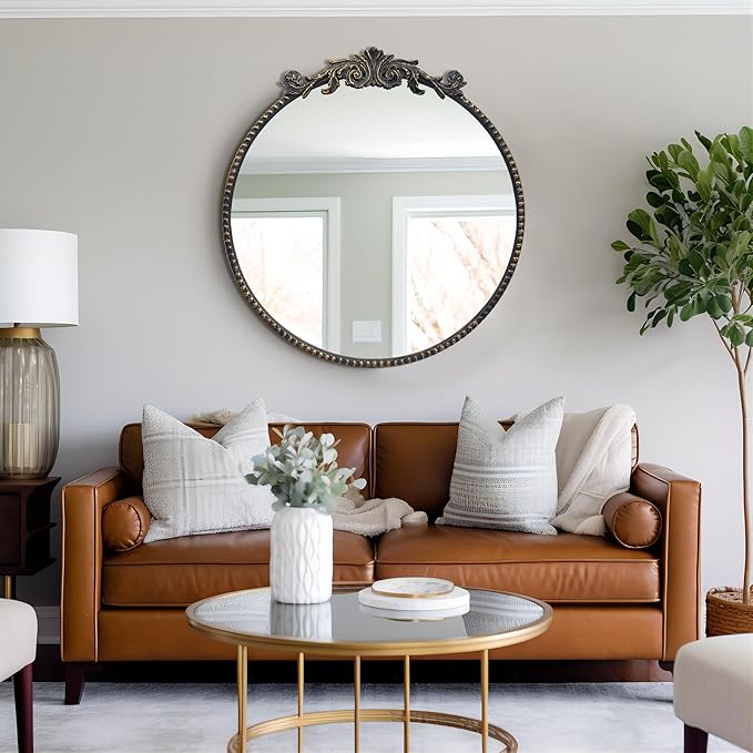 Round Mirror, 24''Baroque Style Circle Mirror Vintage Black Metal Frame Wall Mirrors for Vanity, Bathroom or Bedroom