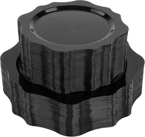 100 PCS Black Disposable Plates for 50 Guests, Scalloped Plastic Plates Include 50 Dinner Plates and 50 Dessert Plates for Party, Wedding, Graduation and Father's Day