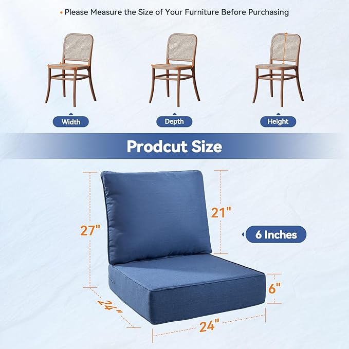 Luxury 6" Outdoor Cushions for Patio Furniture, 24x24x6 Thick Seat Cushion Set of 3, Fade Resistant Couch Chair Replacement Cushions High Density Deep Wicker Chair Cushion w/Removable Cover, Blue
