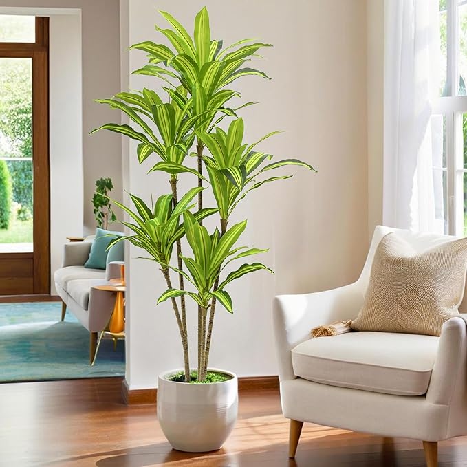 Faux Dracaena Tree 5ft(60in) Artificial Plant with Realistic Leaves and Trunks,Fake Floor Potted Tall Artificial Trees for Home Office Decor Indoor (5Feet,1Pack)