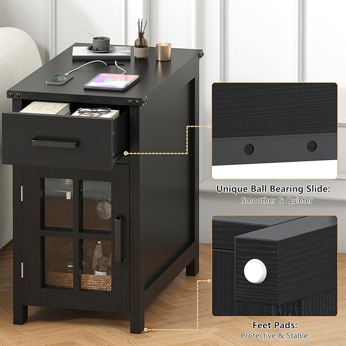 Farmhouse End Table with Charging Station and 1 Storage Cabinet, 1 Drawer, Black Wood Nightstand Narrow, Skinny Side Table, Slim Bedside Table, Small Nightstand for Bedroom, Living Room, Sofa