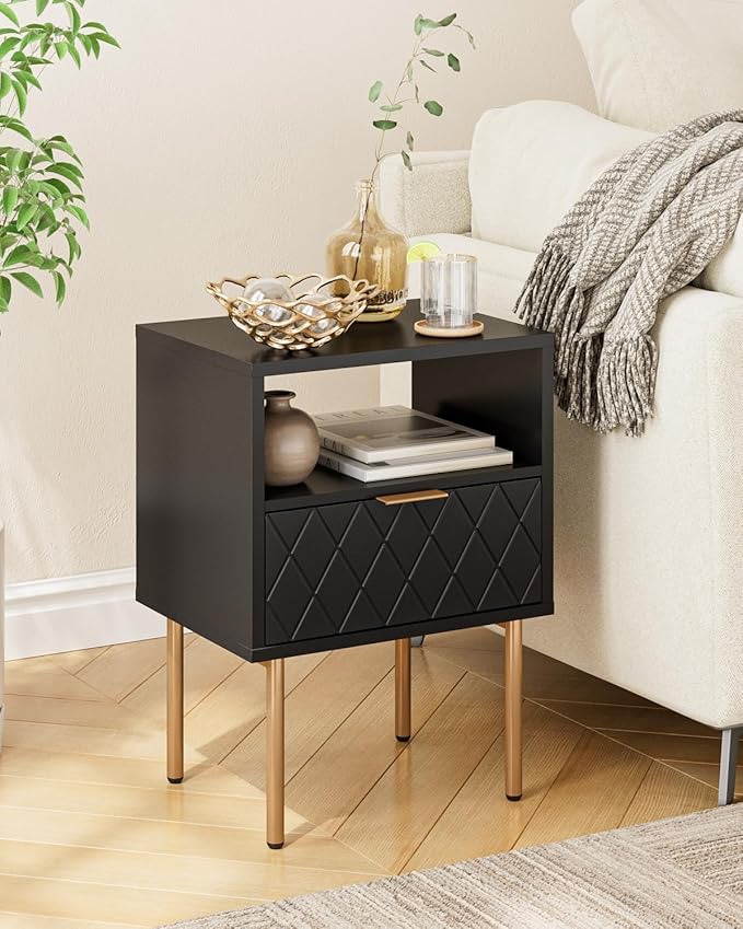 Nightstand,Morden Bedside Table with Gold Frame,Small White Night Stand,End Table,Bedside Furniture,Side Table with Drawer and Shelf for Bedroom,Living Room (1Drawer, Black-Square)