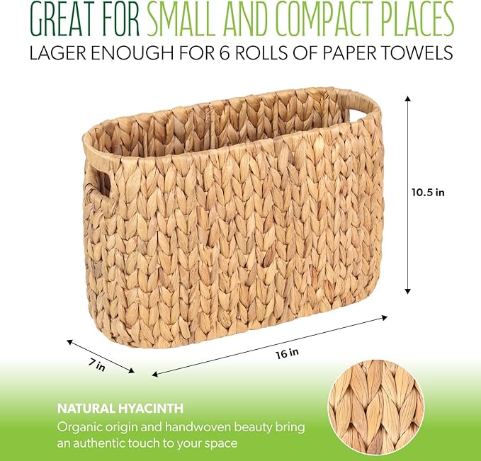 Toilet Paper Storage Holder with Built-in Handles, Water Hyacinth Toilet Papers Holder for up to 6 Mega Rolls, Wicker Toilets Paper Baskets, Decor Bathroom Storage Basket for Countertops,Shelves