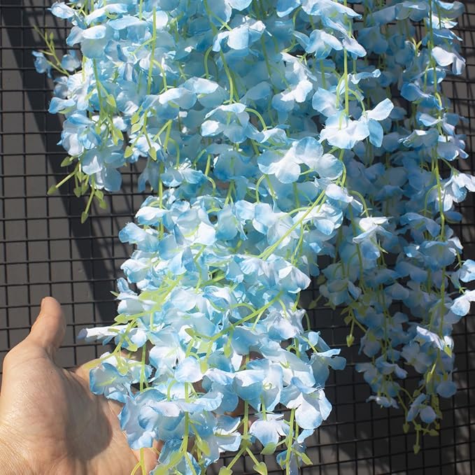 24 Pack Artificial Fake Wisteria Vine Ratta (3.75 Feet) Hanging Garland Silk Flowers String Home Party Wedding Decor (Sky Blue)