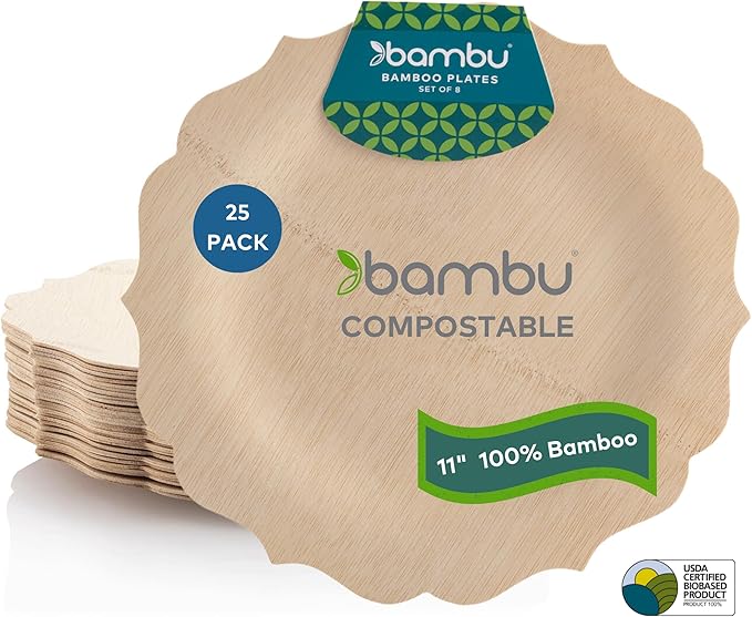 Bambu Pack of 25-11 Inch Disposable Bamboo Plates Fancy, Biodegradable Eco Friendly Products, Bamboo Disposable Plates for Party, Weddings, and Events, Great For Any Occasion, Compostable Plates