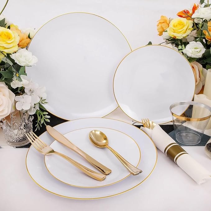Rubtlamp 140Pcs Gold Plastic Plates, White Plates with Gold Rim, Disposable Dinnerware Include 20Dinner Platos, 20 Dessert Platos, 20Pre Rolled Napkins with Cutlery and 20 Cups for Party