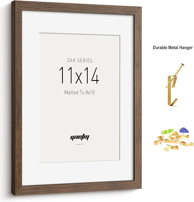 Yaetm 11x14 Picture Frame with Mat for 8x10 - Brown Walnut, Rustic Solid Wood Photo Frame 11 x 14 with Tempered Glass for Art Print & Picture, Horizontal and Vertical Wall Mount (Single, Walnut)