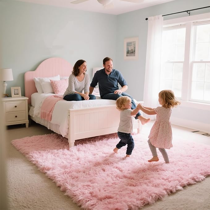 Pink Rug for Girls Bedroom, 5x7 Fluffy Area Rugs for Kids Playroom, Furry Carpet for Nursery Room, Shaggy Rug for Teen Living Room, Thick Fuzzy Plush Rug for Dorm, Cute Room Decor for Baby