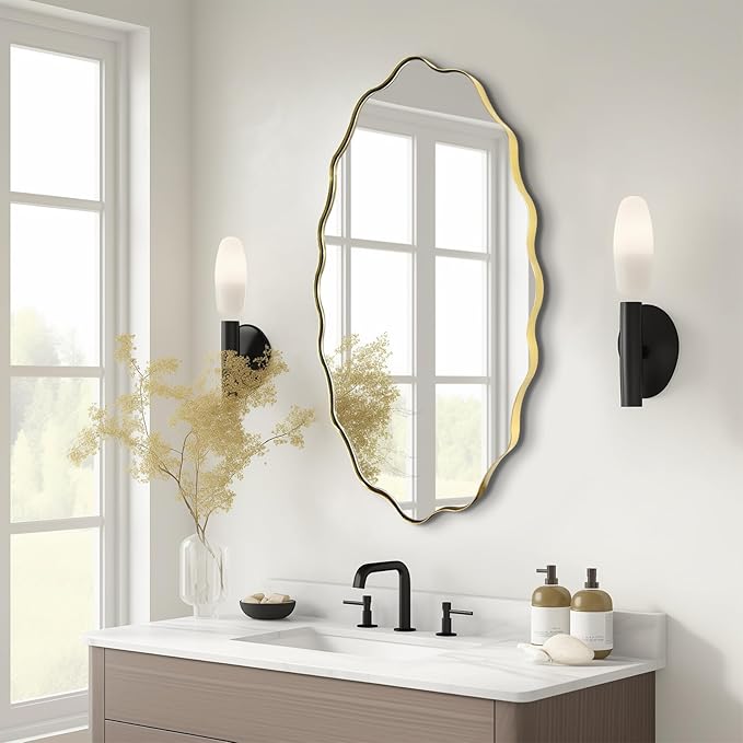 Scalloped Mirror, 35.5"x26" Bathroom Vanity Mirror, Irregular Shaped Mirrors Decorative, Modern Wavy Round Mirrors for Living Room Bedroom Hallway Entryway Fireplace