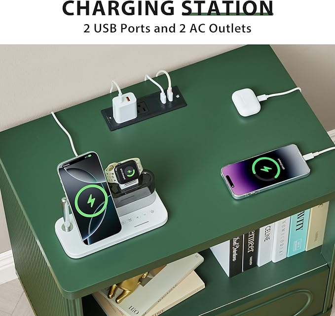 Fluted Nightstand with Charging Station Set of 2, Modern Wood Nightstand with Drawer Storage, Night Stand Bedside Table with Type-C and USB Ports, Night Stand for Bedroom, Green