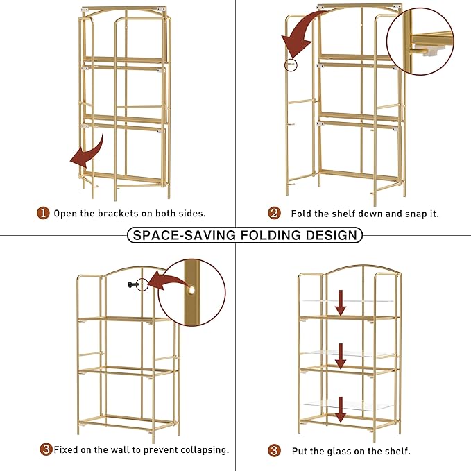 Crofy No Assembly Folding Bookshelf for Living Room, 3 Tier Gold Collapsible Book Shelf for Home Office, Portable Bookcase Storage Organizer